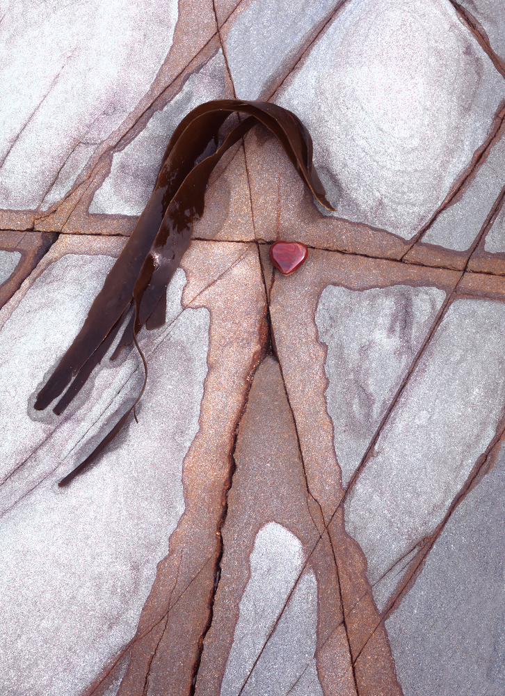 When I first saw this rock formation on a rocky beach, I though it looked like a woman and arranged the seaweed to form her hair. When I saw th heart-shaped stone a few days later in a gift shop I knew I had to buy it and retake the image.